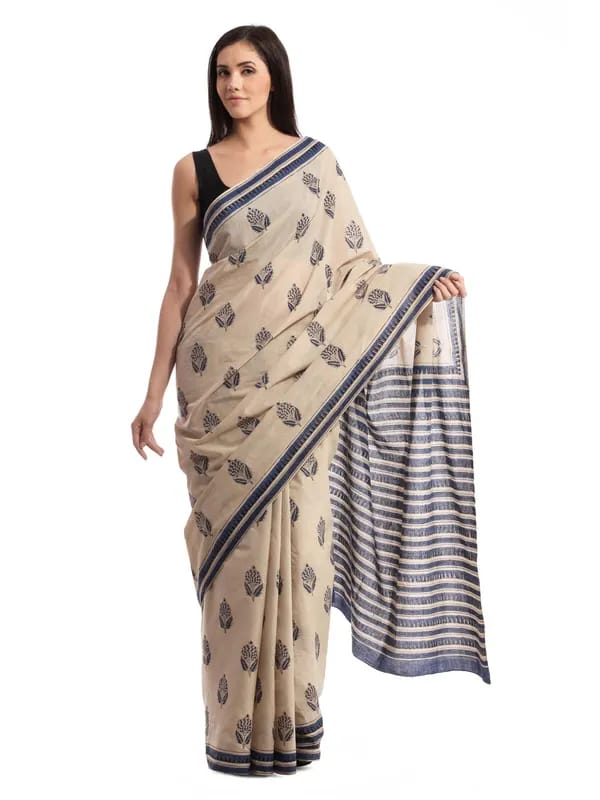 Fabindia Beige Jaipur Print Cotton Sari