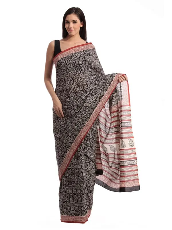 Fabindia H& Printed Black Cotton Sari