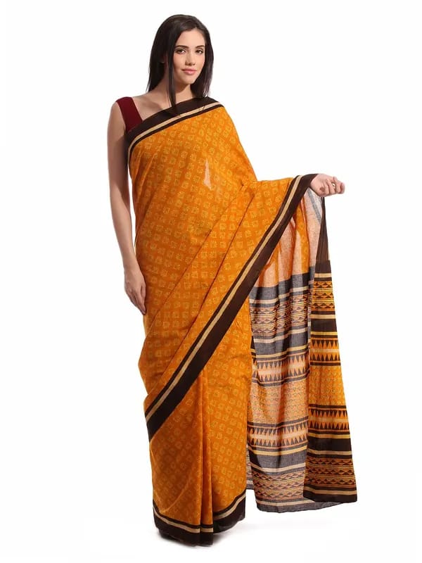 Fabindia H& Printed Mustard Cotton Mull Sari
