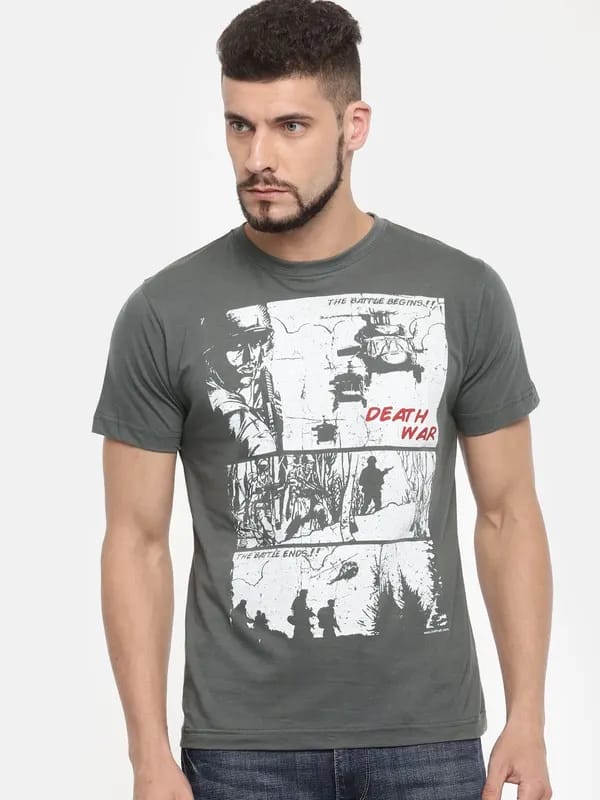 Inkfruit Men Charcoal Grey Printed Round Neck T-shirt