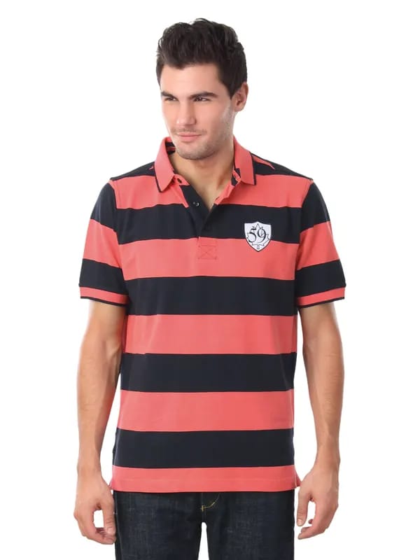 Wills Sport Men Navy Blue and Pink Striped T-shirt