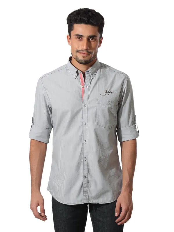 John Players Men Stripes Grey Shirt