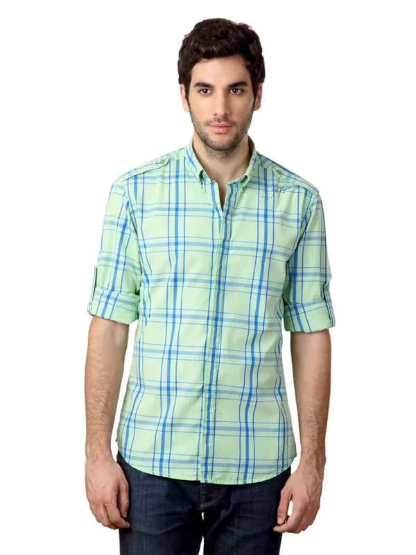 John Players Men Check Green Shirt