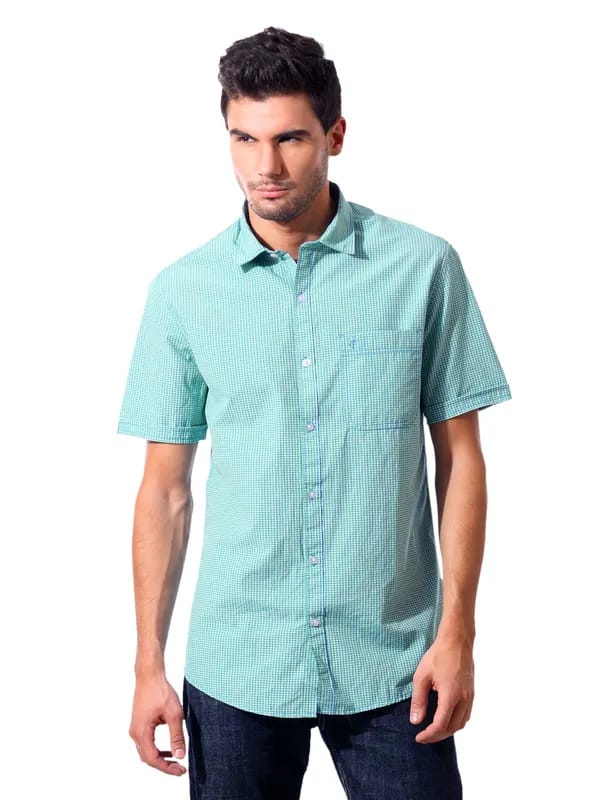 John Players Men Gingham Green Shirt