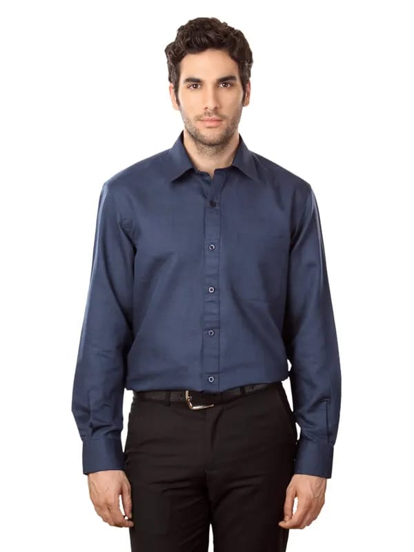 John Players Men Navy Blue Cotton Linen Shirt