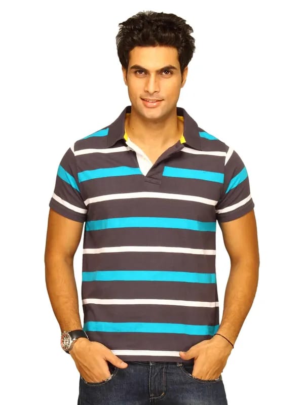 Basics Men Navy & White Striped Polo T-shirt