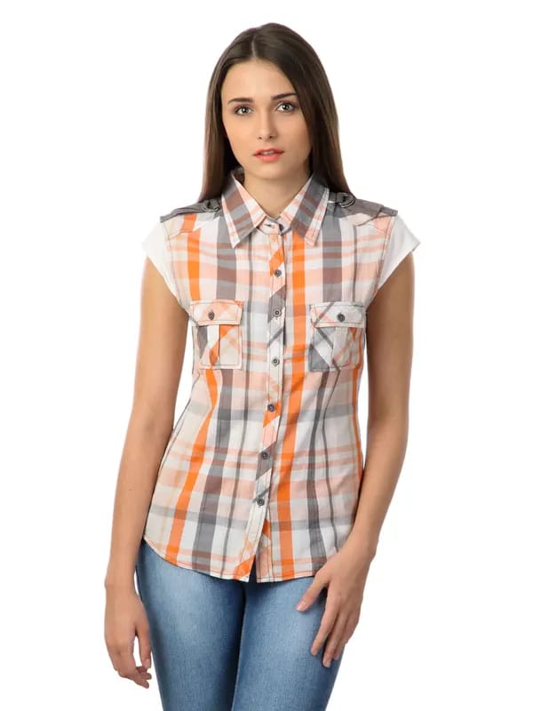 Latin Quarters Women Orange & Grey Check Shirt