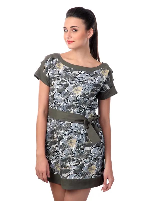 Latin Quarters Women Grey & Olive Printed Dress