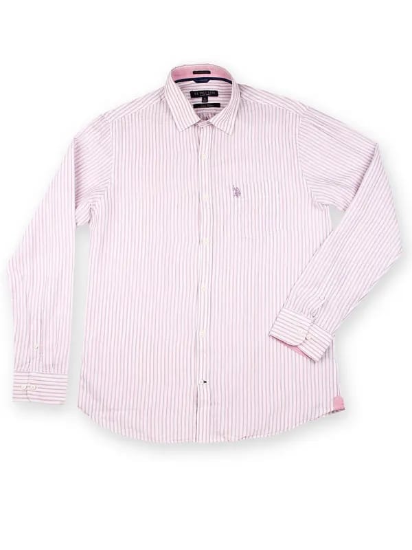 U.S. Polo Assn. Men Lavender & White Striped Linen Tailored Fit Smart Casual Shirt