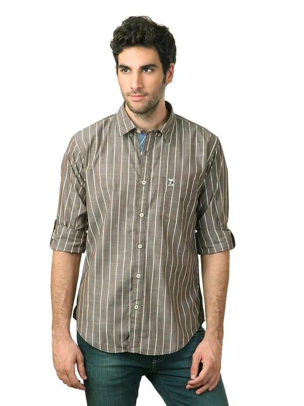 Basics Men Brown Striped Shirt