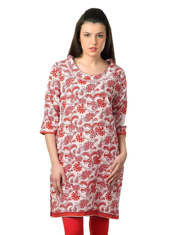 Alma Women White & Red Kurta