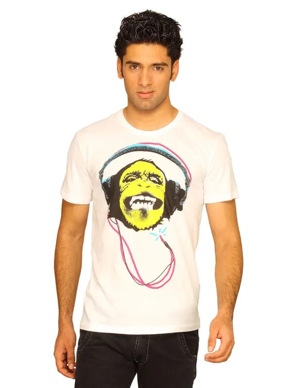 Free Authority Men's Cool Monkey Headphones White T-shirt
