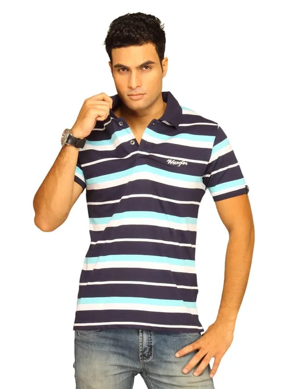 Wrangler Men's Striper Polo Navy Blue T-shirt