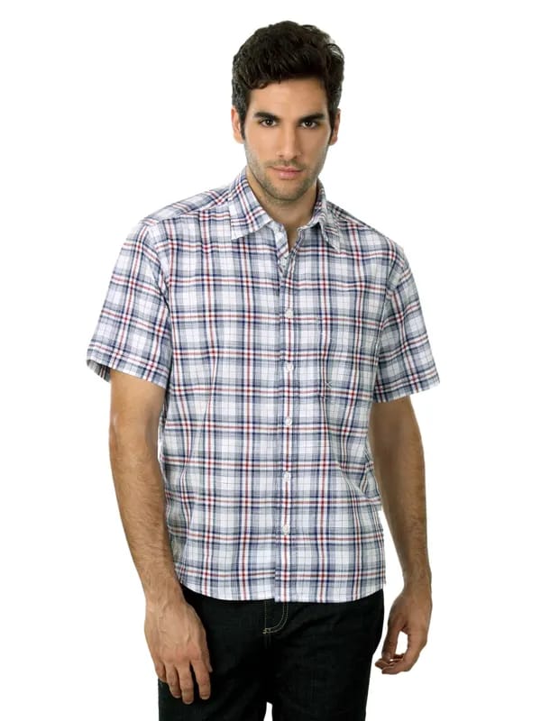 Scullers Men White & Navy Blue Check Shirt
