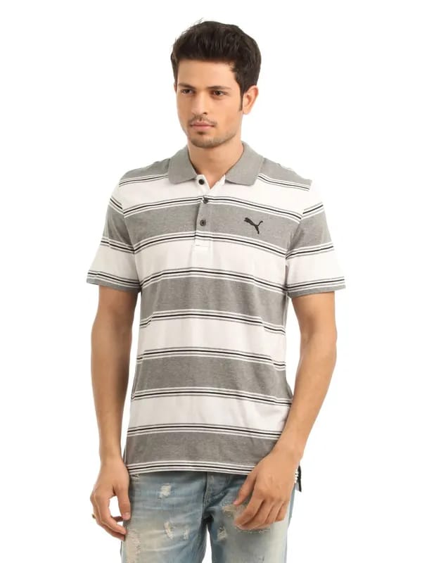 Puma Men Grey and White Striped Polo neck T-shirt