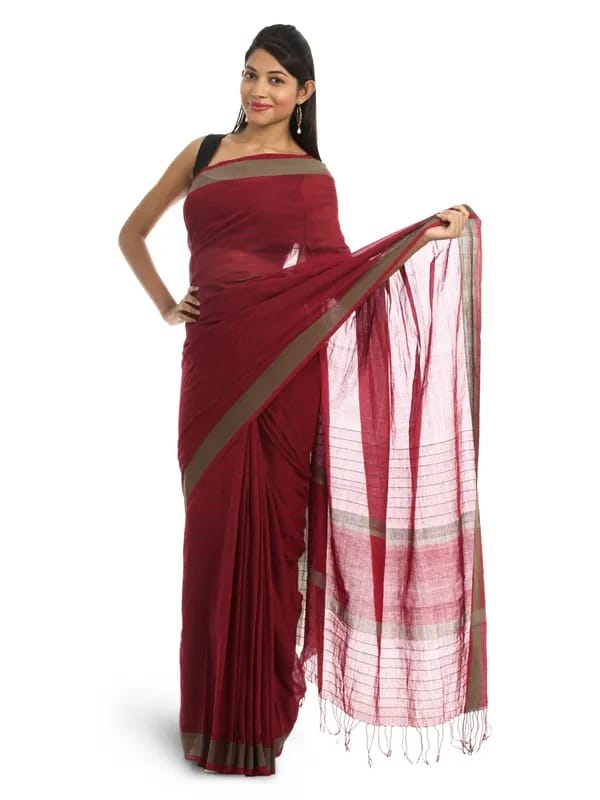 Fabindia Red Self-Striped Saree
