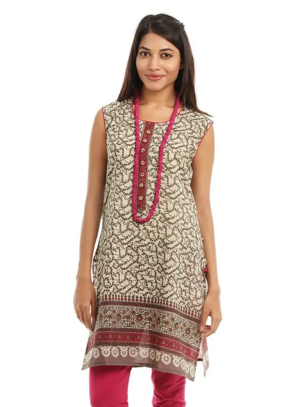 Shree Women Cream & Fushia Printed Kurta