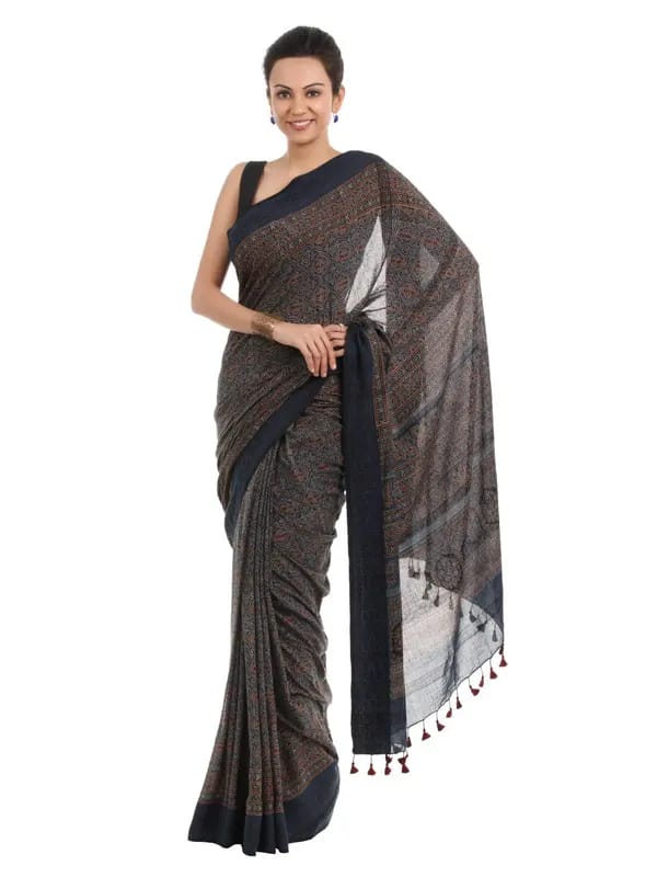 Fabindia Blue Printed Ajrakh Dhonekhali Saree