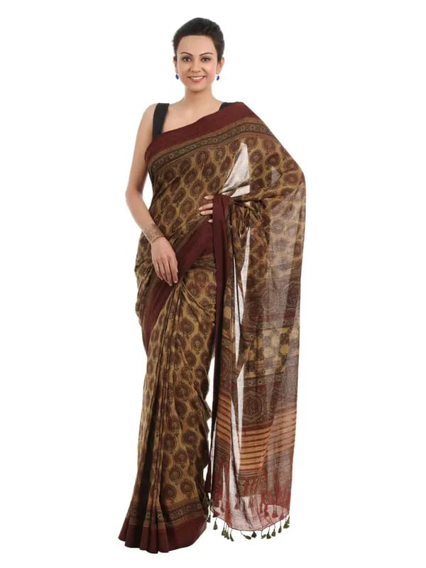 Fabindia Brown Printed Ajrakh Dhonekhali Saree