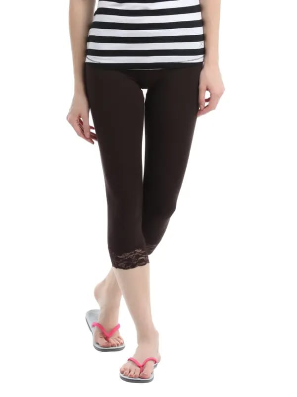 Hanes Women Brown Comfortsoft Waistband Cotton - Stretch Lace Capri Leggings