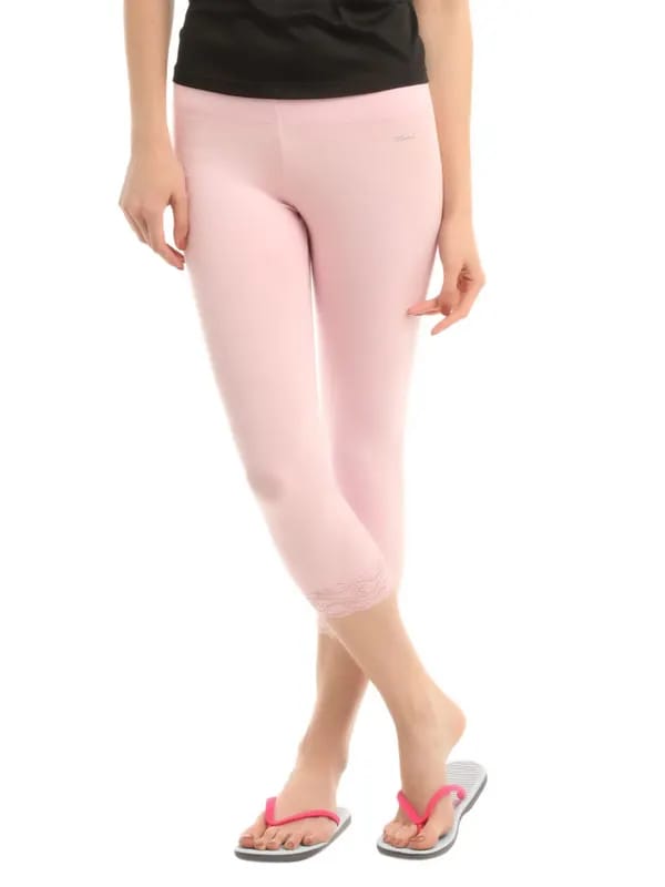 Hanes Women Pink Comfortsoft Waistband Cotton - Stretch Lace Capri Leggings