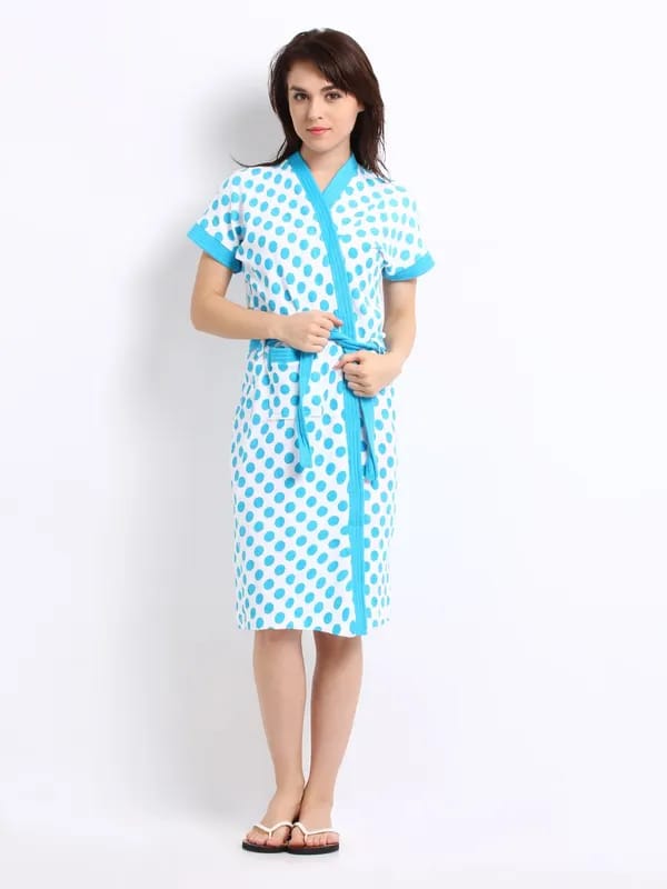Red Rose Women White & Blue Polka Dot Print Bath Robe