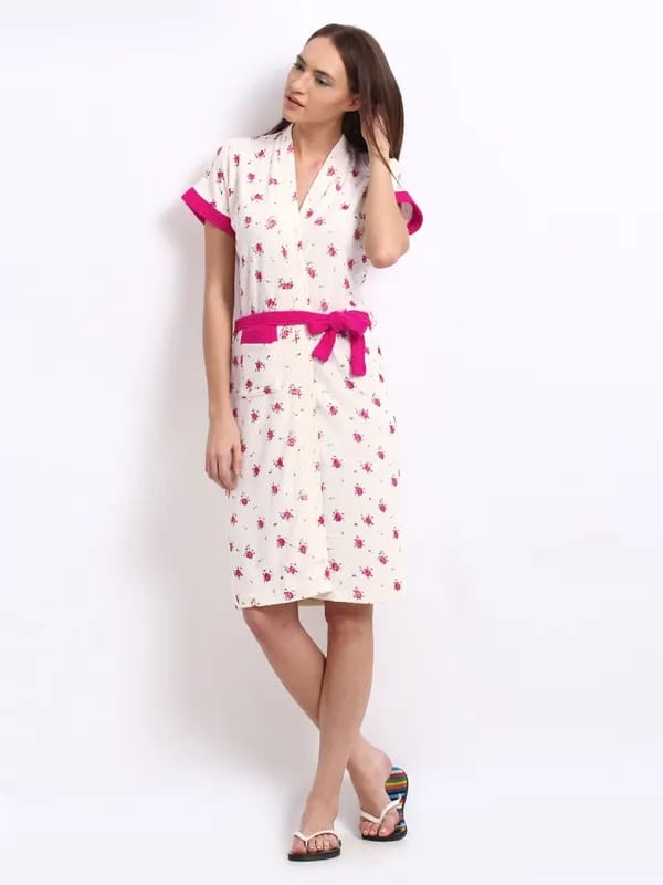Red Rose Women Cream Floral Print Bath Robe