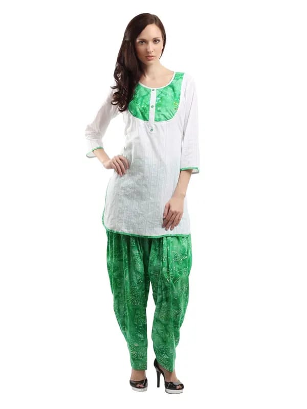 Ayaany Women White & Green Self-Design Patiala Kurta Set