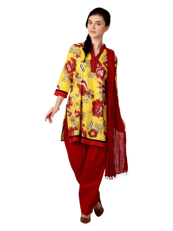 Shree Women Yellow & Red Printed Salwar Suit with Dupatta