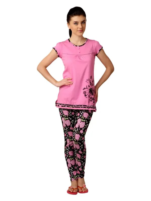 SDL by Sweet Dreams Women Pink & Black Printed Night Suit 319371
