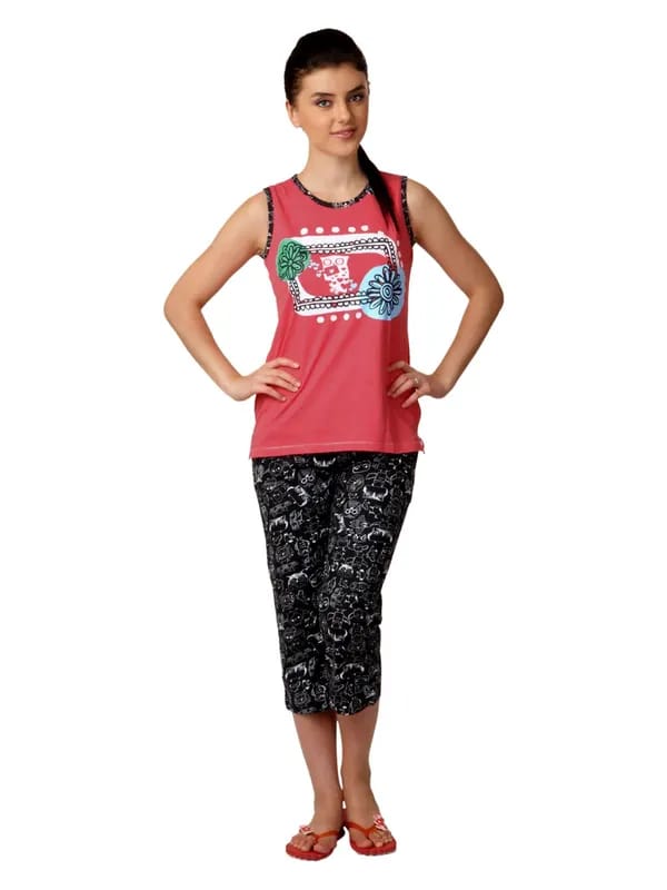 SDL by Sweet Dreams Women Pink & Black Printed Night Suit S11-3134