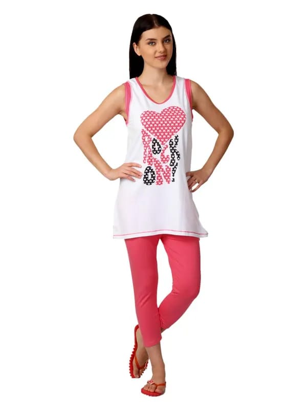 SDL by Sweet Dreams Women White & Pink Printed Night Suit S11-3231
