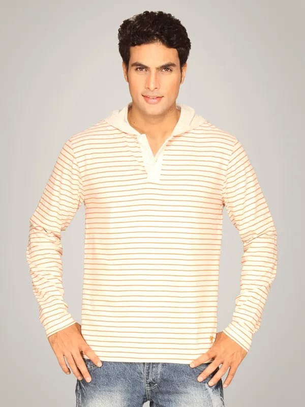 Basics Men Orange & White Striped Hooded T-shirt