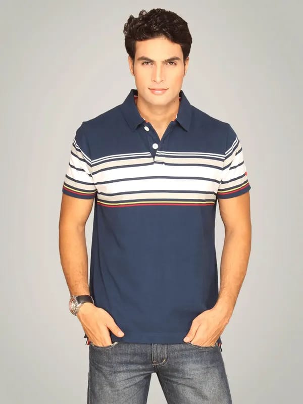 Basics Men Navy & White Striped Polo T-shirt