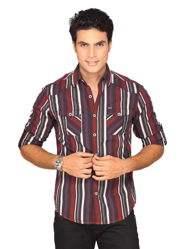 Locomotive Men Black Maroon Purple Stripe Shirt