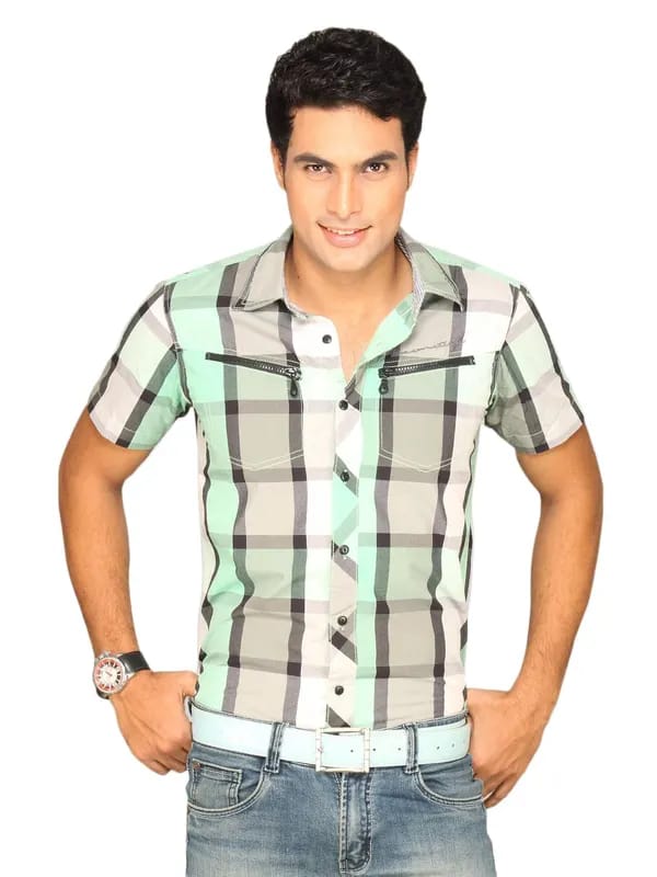 Locomotive Men Green Grey White Checked Shirt