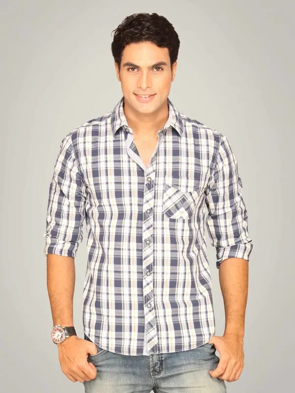 Highlander Men Grey Blue Black Checked Shirt