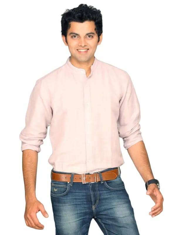UCB Men Striper Mandarin Collar Light Pink Shirt