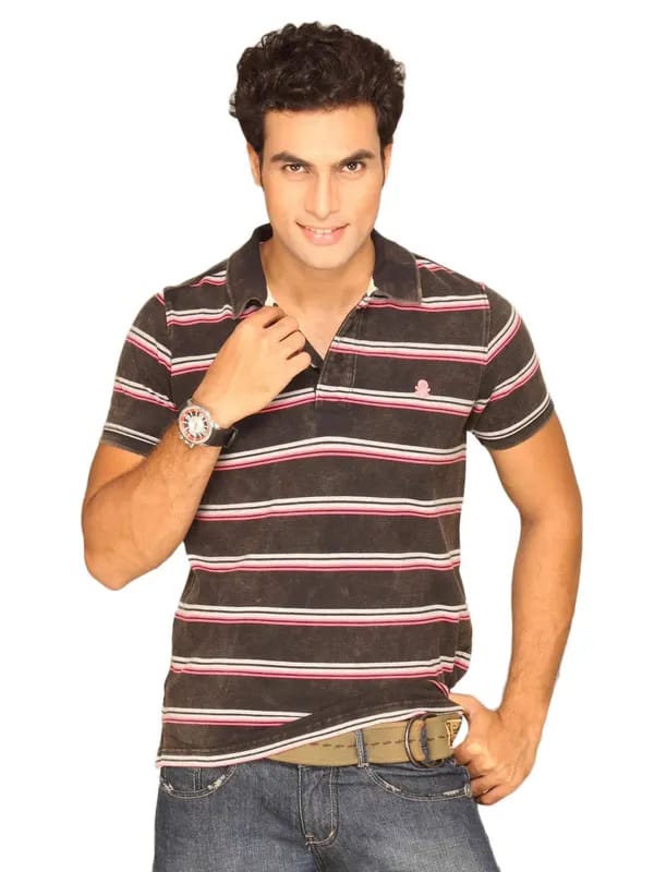 UCB Men's Polo Neck Striper Heavy Wash Black Pink T-shirt