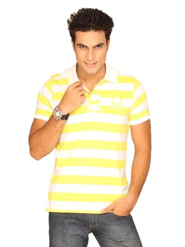 UCB Men's Polo Neck Striper White Yellow T-shirt
