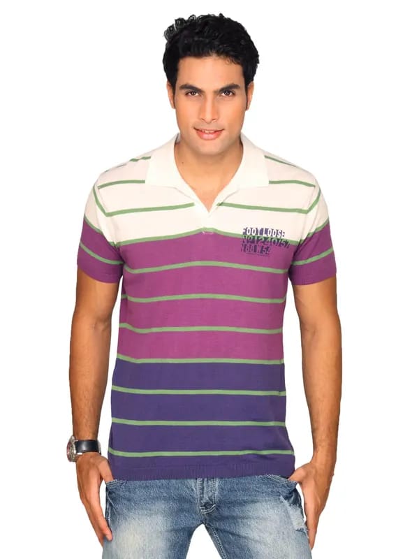 Spykar Men's White Purple Green Stripe T-shirt