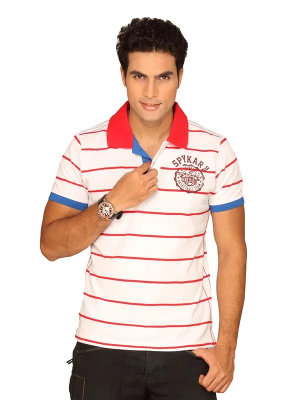 Spykar Men's Stinger Basket Ball Team White Red Stripes T-shirt