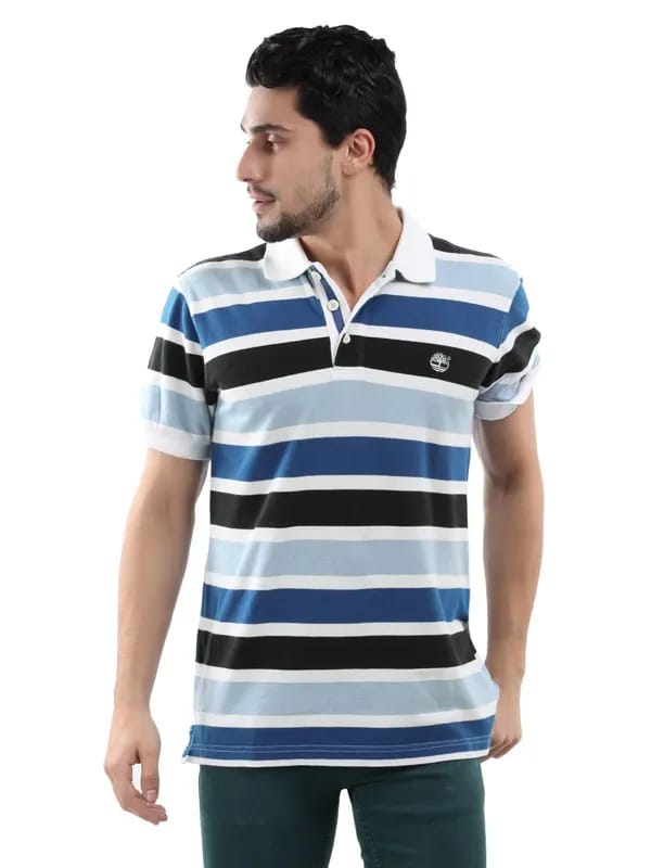 Timberland Men Blue & White Striped Polo T-shirt