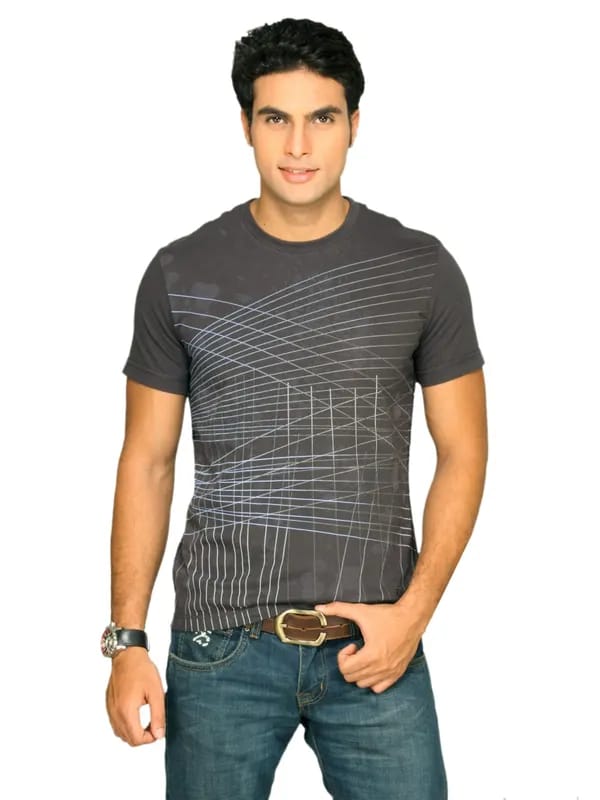 s.Oliver Men's Line Printed Dark Grey T-shirt
