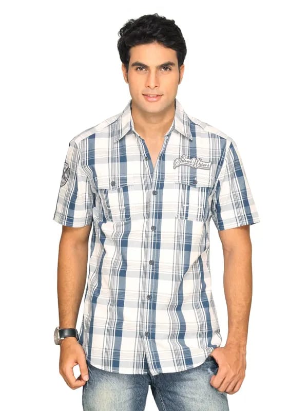s.Oliver Men White & Blue Check Shirt