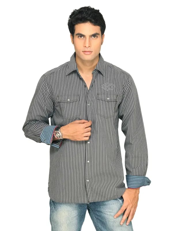 s.Oliver Men Striped Dark Grey Shirt
