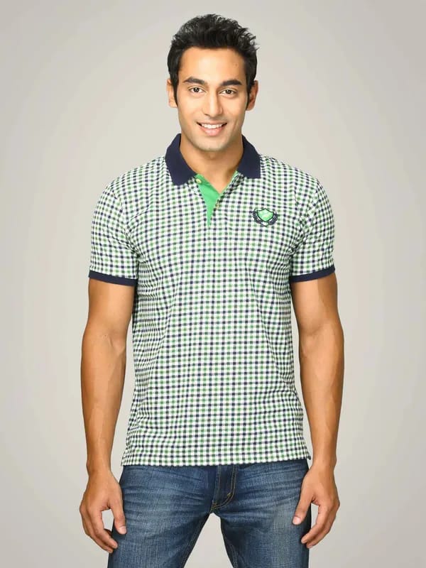 Proline Men Green & Navy Checked Polo T-shirt