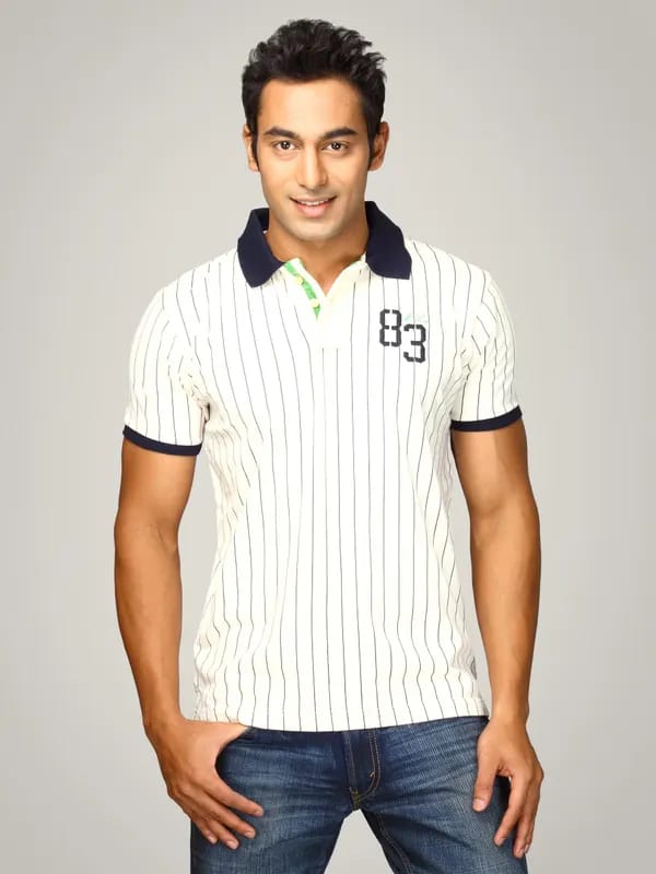 Proline Men Cream Striped Polo T-shirt