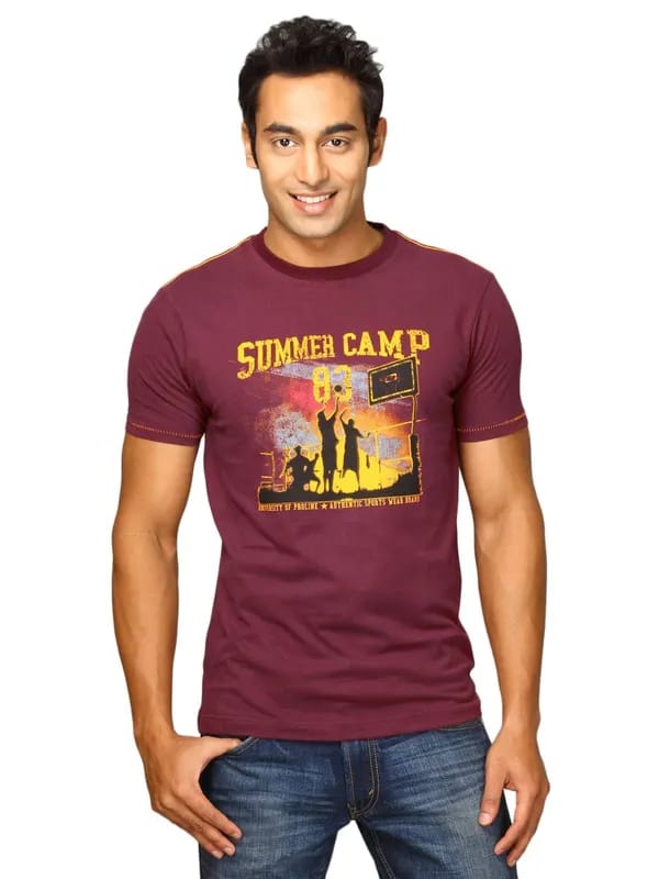 Proline Men Burgundy Printed T-shirt