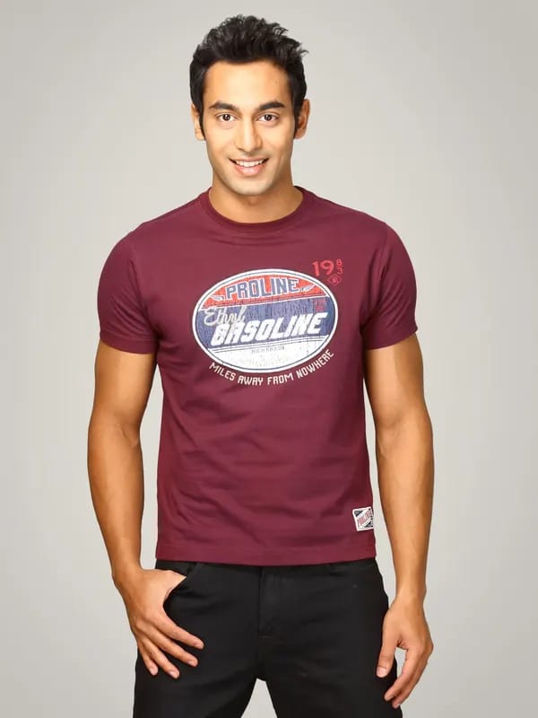 Proline Men Burgundy Printed T-shirt